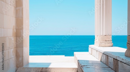 Close-Up of Aegean Greek Palace Platform Overlooking Bright Blue Sea Generative AI