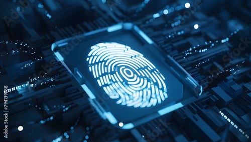 illuminated fingerprint is prominently displayed, seemingly made of binary code or digital data. Surrounding this fingerprint, there is a myriad of small, glowing dots, evoking the image of data point