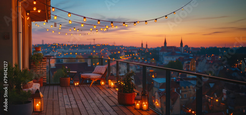 A balcony with lights and candles lit up at sunset