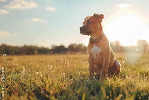 puppy sitting on the dog training field. Young happy dog sitting in green grass with summer vibes
