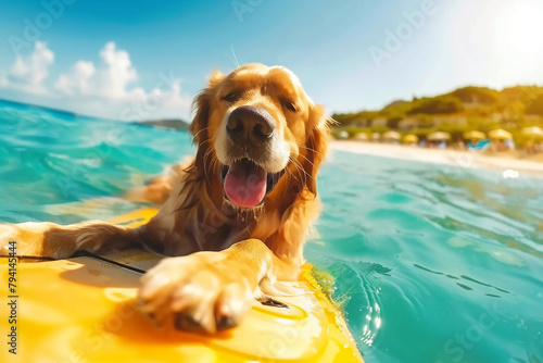 A golden retriever swims on a paddle board across the blue sea.