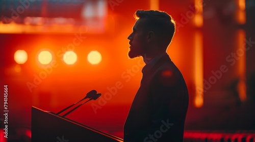 A man standing at a podium giving a speech with a red spotlight on him.