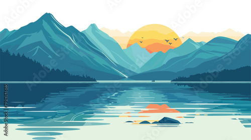 Annecy lake in French Alps at sunrise. Hand drawn style