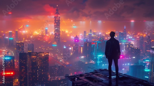 A man standing on a rooftop overlooking a futuristic city. The city is full of skyscrapers and neon lights. The sky is dark and cloudy.