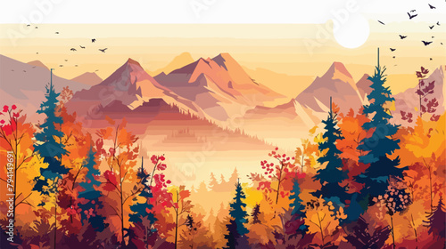 Autumn forest and mountains at sunset. Beautiful autumn