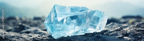 A large, glowing blue crystal sits on a rocky surface