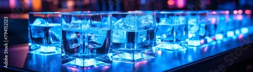 A row of shot glasses filled with vodka on the bar counter with blue lighting