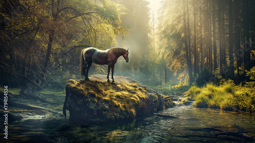 Cavalo em cima de uma rocha na floresta