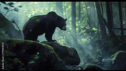 Urso negro nebuloso em cima de uma rocha na floresta