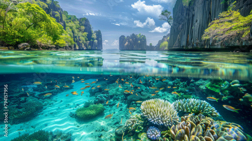 Crystal clear waters reveal a vibrant coral reef with lush island cliffs above