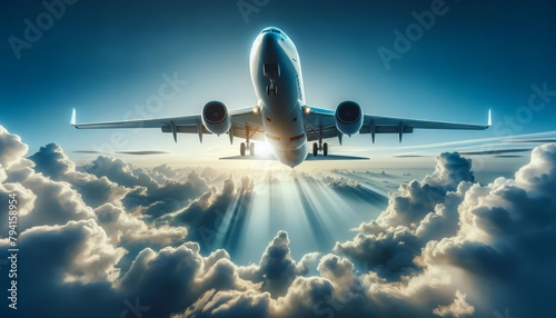 The plane flies over beautiful clouds against the background of the sun and the lines of its rays in the backlight. Air travel, travel agency. Symbolic banner of an airline, travel agency, air carrier
