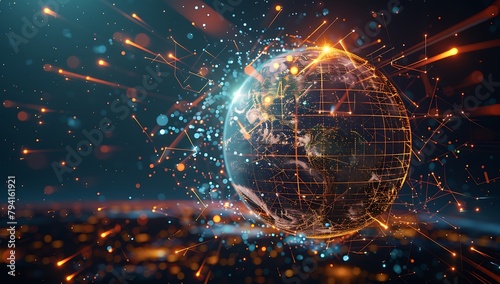 Earth with glowing connections between cities, global connectivity and the power of technology to connect people across distant lands, representing digital innovation