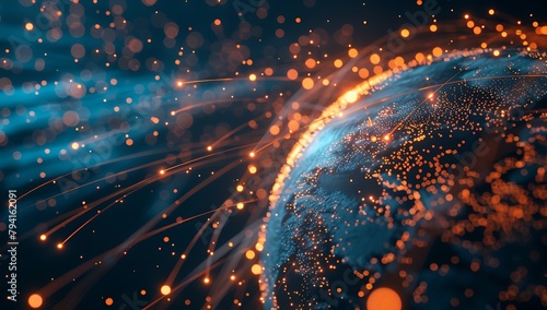  A digital art representation of Earth with glowing connections between cities, symbolizing global connectivity and data transfer across continents, set against an abstract background