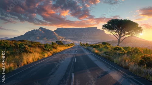 A road with a tree on the side and a mountain in the background. The sky is orange and the sun is setting
