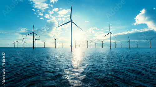 A large group of wind turbines are in the ocean