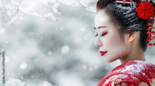 A geisha adorned in crimson robes amidst a serene white landscape