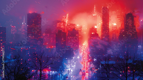 Create a high-resolution digital artwork that simulates a thermal imaging view of a bustling cityscape at night.