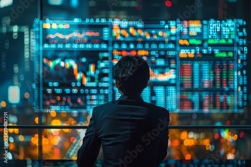 An image of a financial analyst at a large screen displaying global cyber threat levels and their po