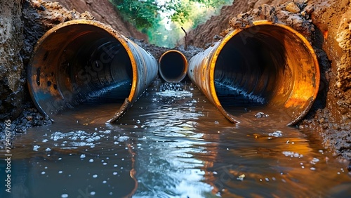 Installing underground sewer system pipes for wastewater disposal. Concept Underground Sewer System, Wastewater Disposal, Pipe Installation, Sewage Management, Utility Construction