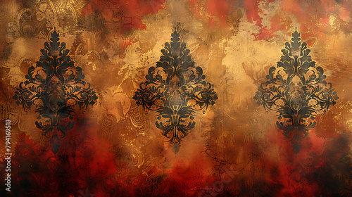Create a high-resolution digital image that captures the intricate pattern of a vintage damask fabric.