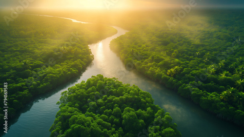 A river with a green forest on either side