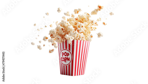 A high-resolution, widescreen of popcorn flying out of a red and white striped popcorn cup on a transparent background