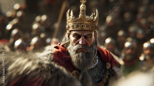 Regal king in a detailed fur cloak and ornate crown looks onward, his intense gaze emanating power, with a blur of armored soldiers in the background looming battle