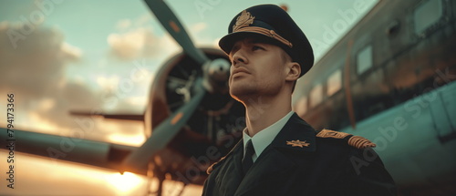 confident pilot in uniform, standing beside an aircraft with a look of determination