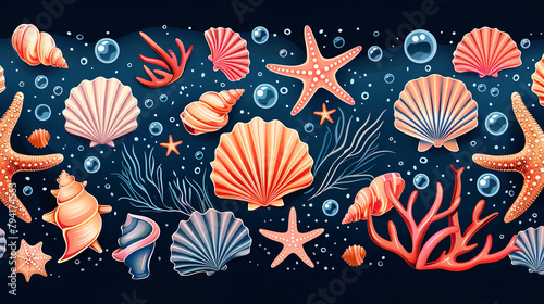 Set of colorful sea shells, molluscs, sea snails, starfish
