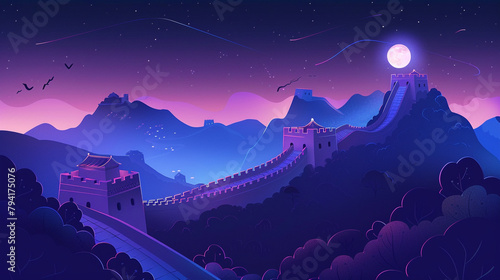 The Great Wall of China with simple background and purple and blue gradient color scheme. Flat illustration style. 