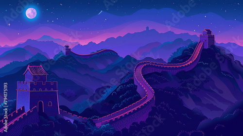 The Great Wall of China with simple background and purple and blue gradient color scheme. Flat illustration style. 
