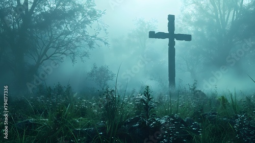 solemnity of a Christian cross standing amidst a misty morning fog in a tranquil forest, portrayed in full ultra HD resolution.