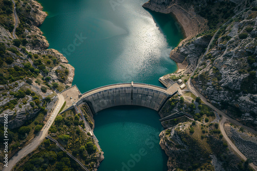aerial top view of modern dam and reservoir lake in mountains