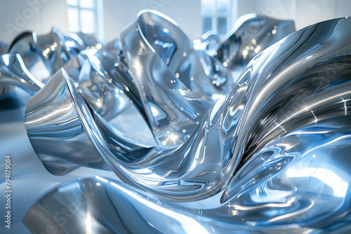 A series of abstract sculptures made from twisted sheets of chrome and steel, arranged to reflect li