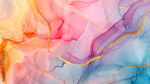 Abstract watercolor paint background illustration - Soft pastel f95738 late color and golden lines, with liquid fluid marbled paper texture