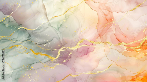 Abstract watercolor paint background illustration - Soft pastel b0413e late color and golden lines, with liquid fluid marbled paper texture