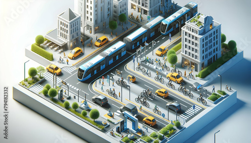Zero Emission City: Public Transportation and Bike Lanes in Sustainable Transport Environment (Photo Realistic, Zero Waste Concept)