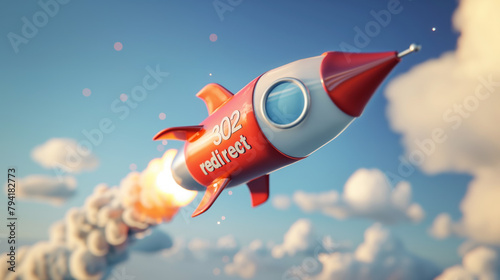 301 Redirect sign on a flying rocket in the sky. SEO term for the status response code of permanently moved page