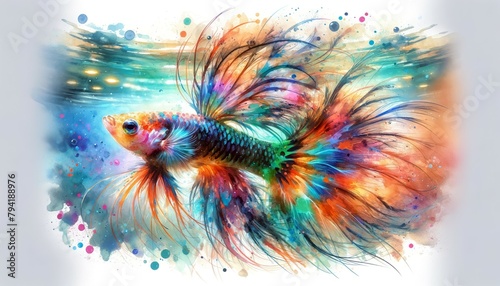 A watercolor painting of a Guppy (Poecilia reticulata) in an aquarium setting, emphasizing its colorful appearance and dynamic environment 