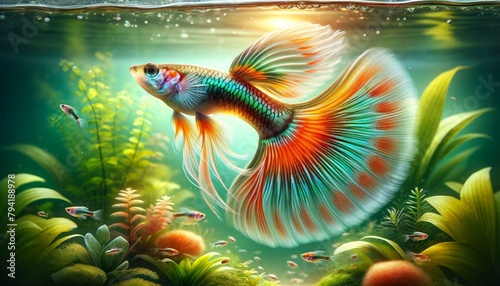 A realistic image of a Guppy (Poecilia reticulata) in a freshwater aquarium, showcasing its vibrant colors and flowing fins among aquatic plants 