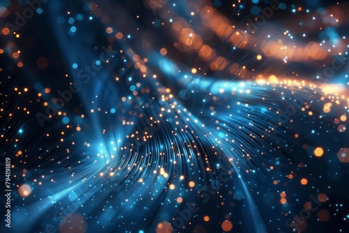 Macro shot of glowing fiber optic strands, intricate web of communication