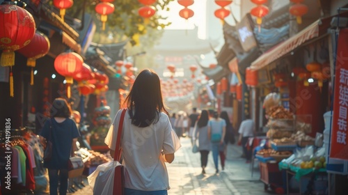 Asian women travel lifestyle, China food market street in Beijing. Chinese tourists walking in city streets on Asia vacation tourism, panoramic banner.