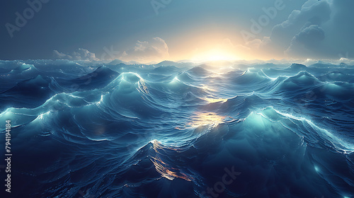 Design a digital visualization of light waves moving across a tranquil ocean.