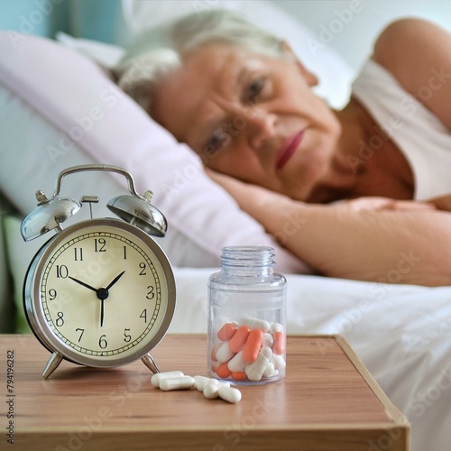 Kobieta leżąca w łóżku i usiłująca zasnąć. Obok łóżka tabletki i zegar. Bezsenność, kłopoty ze snem, leki nasenne, depresja, dobrostan psychiczny, zależność pomiędzy lekami a snem