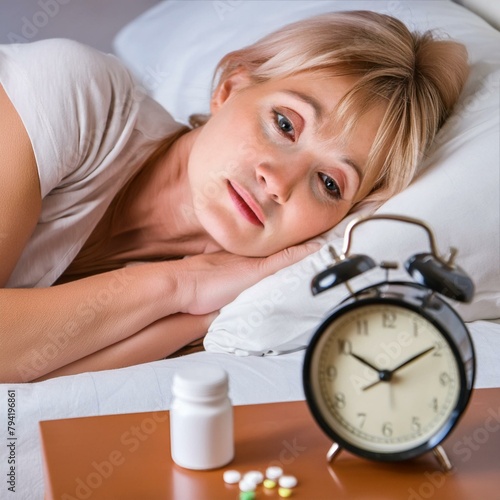 Kobieta leżąca w łóżku i usiłująca zasnąć. Obok łóżka tabletki i zegar. Bezsenność, kłopoty ze snem, leki nasenne, depresja, dobrostan psychiczny, zależność pomiędzy lekami a snem