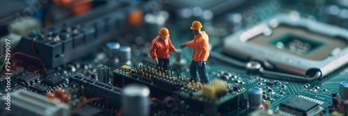 Selective focus of miniature engineer and worker fixed and repair CPU processor, mainboard computer and use for business background. worker's day, labor day