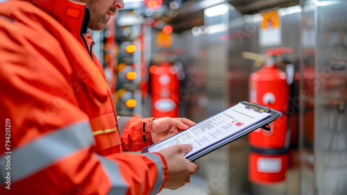 Professional Technician inspect fire extinguisher , annual inspection .