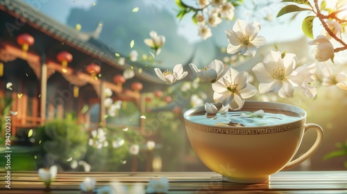 A teacup of blooming flower tea levitating, with tea flowers unfolding midair, set against a serene Asian tea house backdrop,