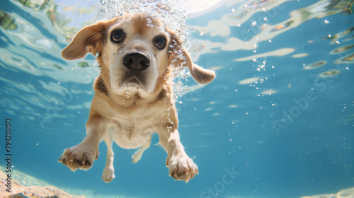 Fluffy, delighted beagle swimming underwater, a message in a bottle, charming eyes, adorable, blue sunny backdrop,