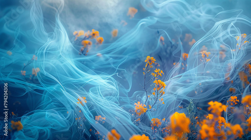 Intricate tendrils of cerulean mist gently intertwining amidst a field of rich marigold, suffused with a delicate luminescence.